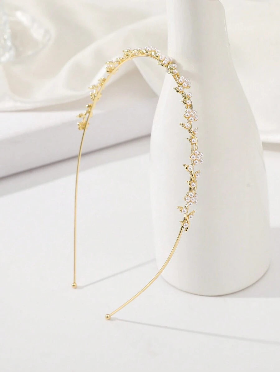 SHEIN تاج رأس من سبائك مطلية بالذهب مزين خرز وزهور وراين ستون