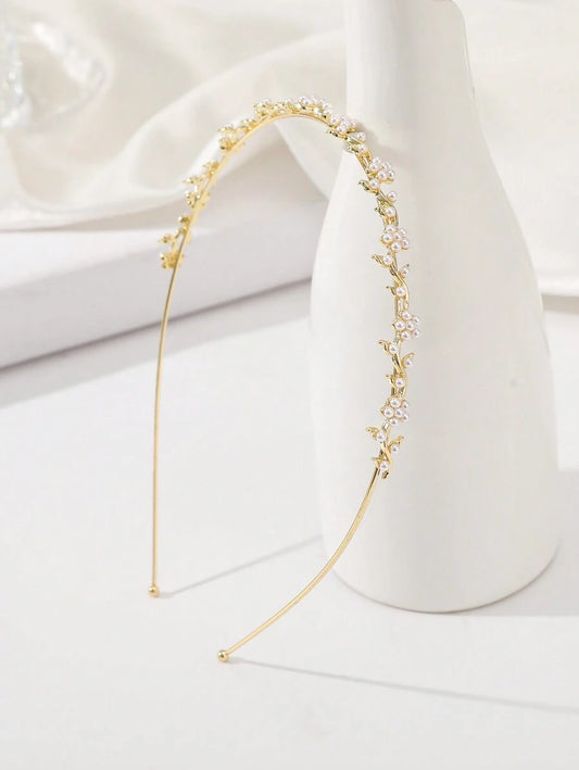 SHEIN تاج رأس من سبائك مطلية بالذهب مزين خرز وزهور وراين ستون