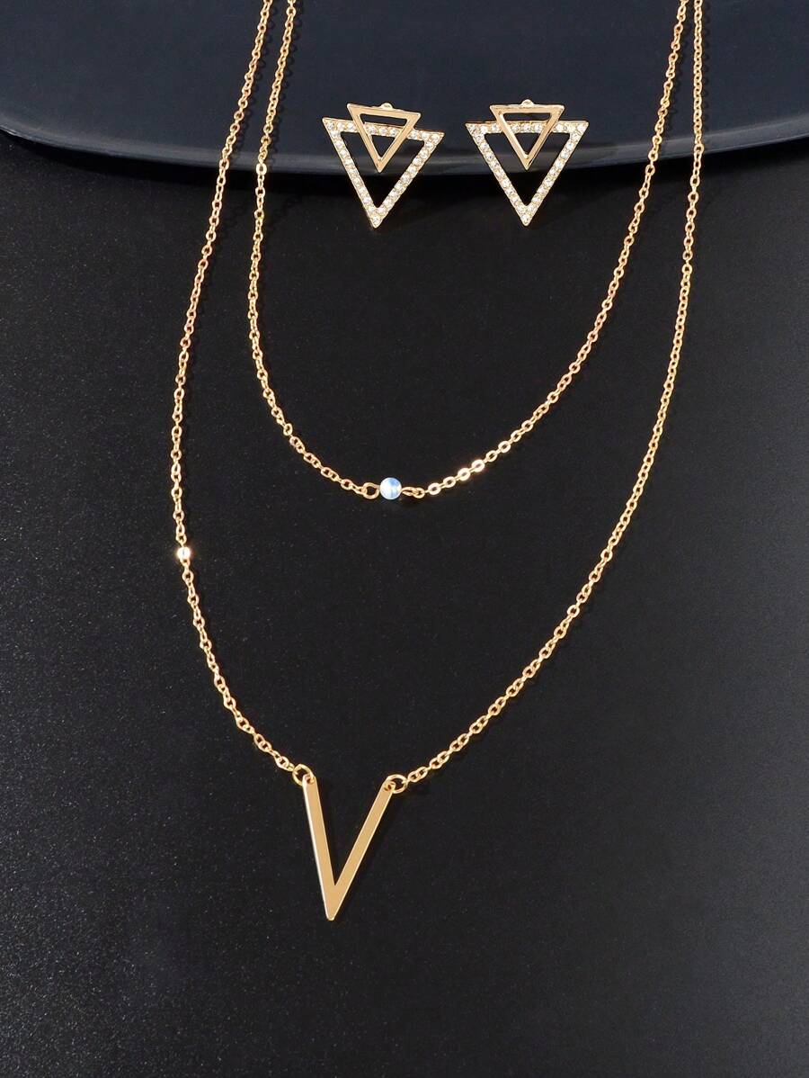SHEIN طقم عقد مزدوج على شكل مثلث وأقراط مثلثية مزدوجة
