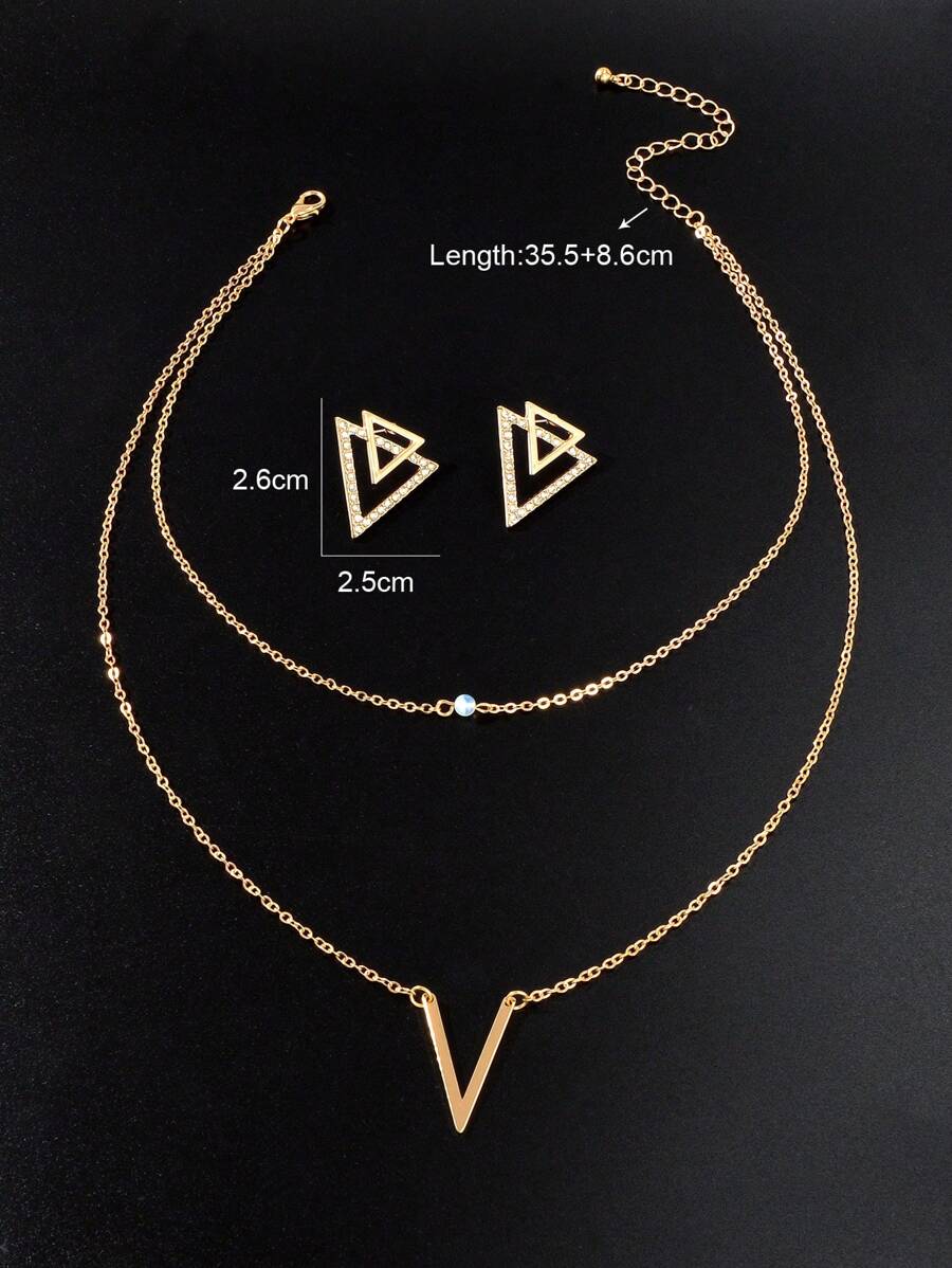 SHEIN طقم عقد مزدوج على شكل مثلث وأقراط مثلثية مزدوجة