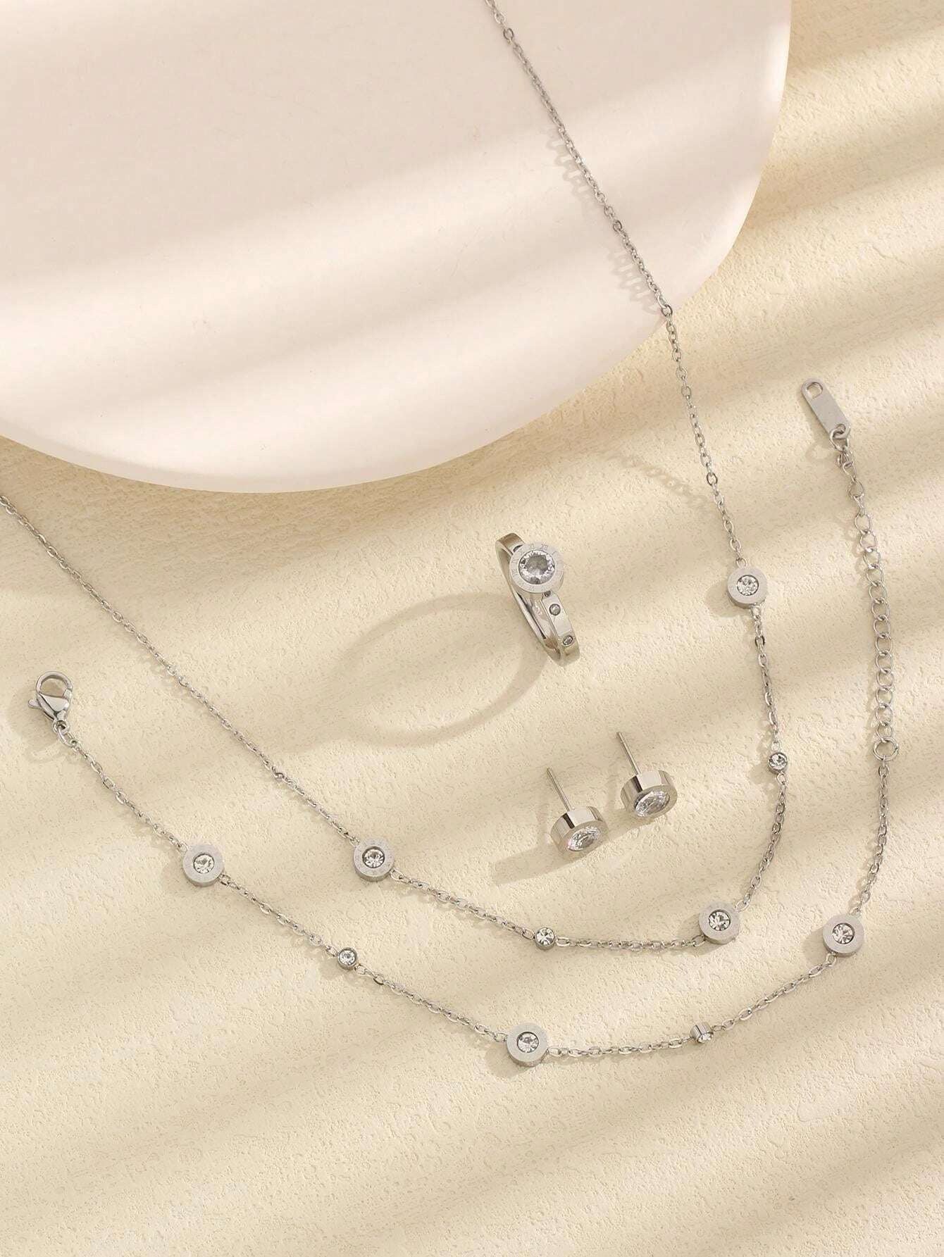 SHEIN طقم مجوهرات 5 قطع فولاذ وزركونيا بتصميم أرقام رومانية