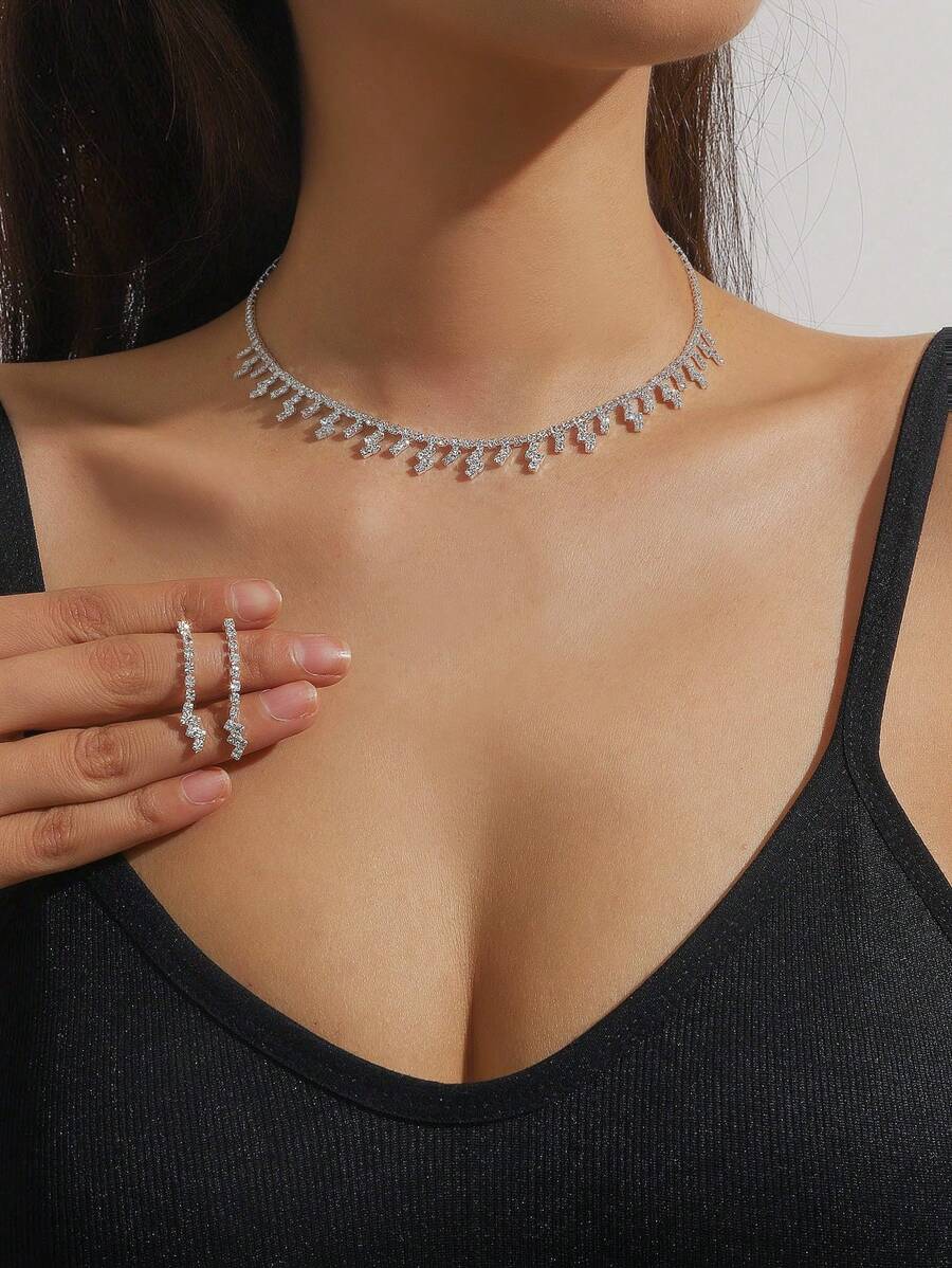 SHEIN مجموعة مجوهرات فضي 3 قطع عقد وأقراط ماسية