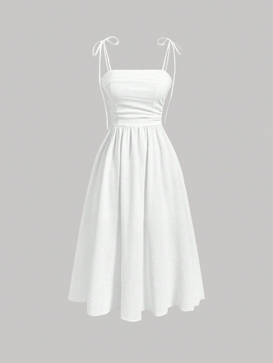 SHEIN SHEIN MOD فستان أبيض مكشكش على الكتف بخصر مشدود