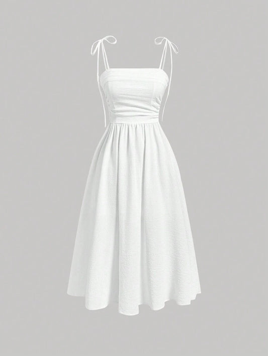 SHEIN SHEIN MOD فستان أبيض مكشكش على الكتف بخصر مشدود