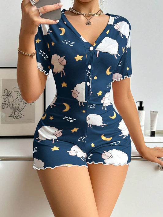 SHEIN DUSKBASE رومبير قصير الأكمام بطبعة خروف كرتوني
