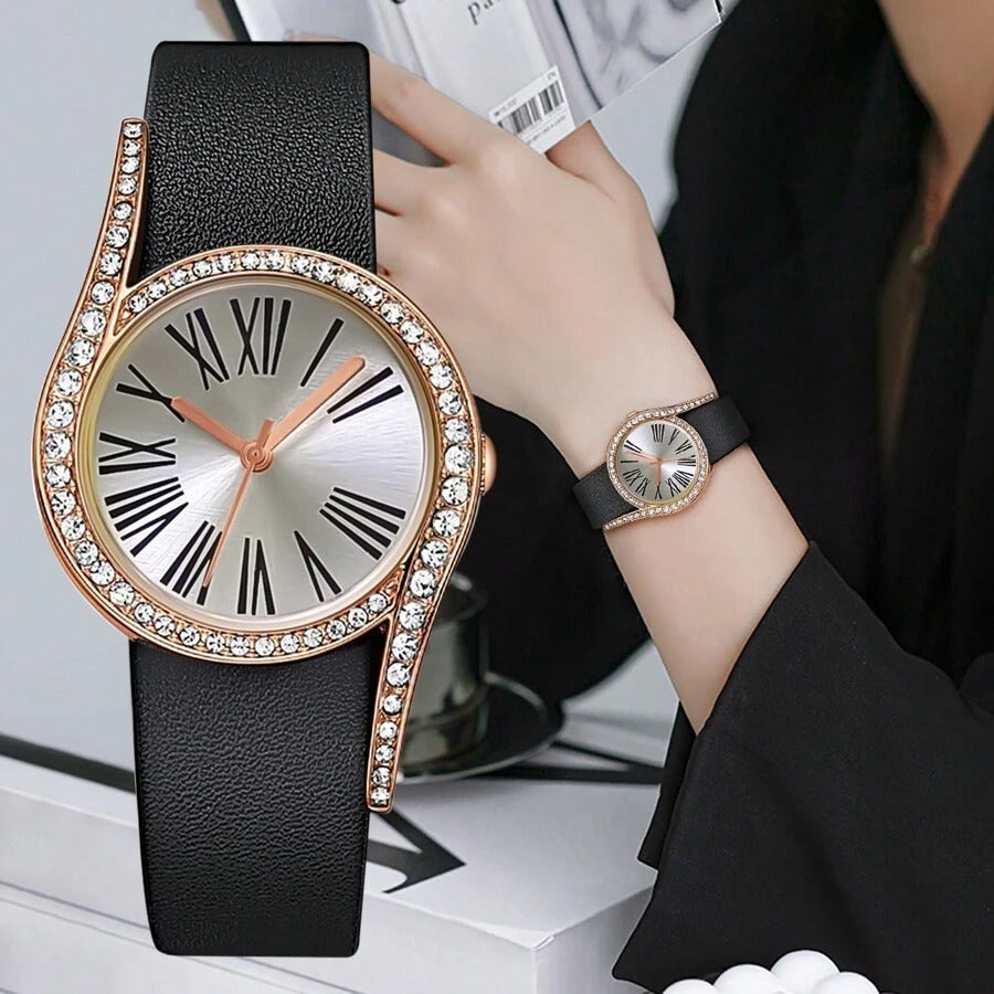SHEIN  ساعة نسائية أنيقة بعقارب رومانية وحزام جلدي باللون الاسود