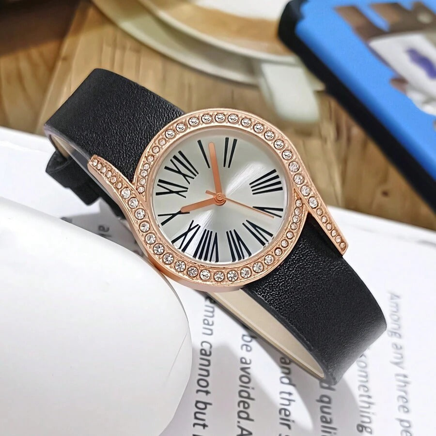 SHEIN  ساعة نسائية أنيقة بعقارب رومانية وحزام جلدي باللون الاسود