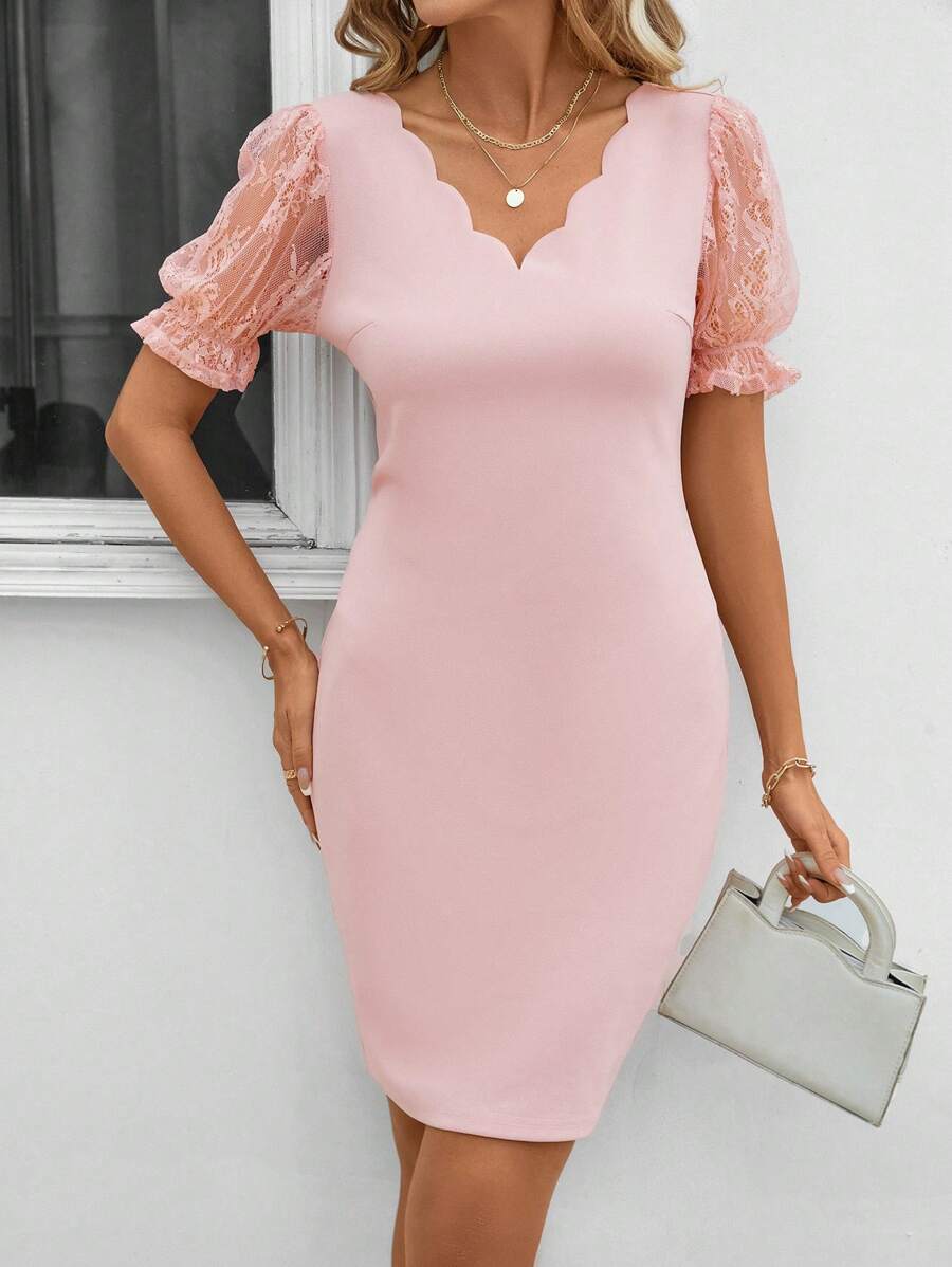 SHEIN Clasi فستان يومي ضيق للسيدات بأكمام فقاعية ومقاصير بحواف دانتيل