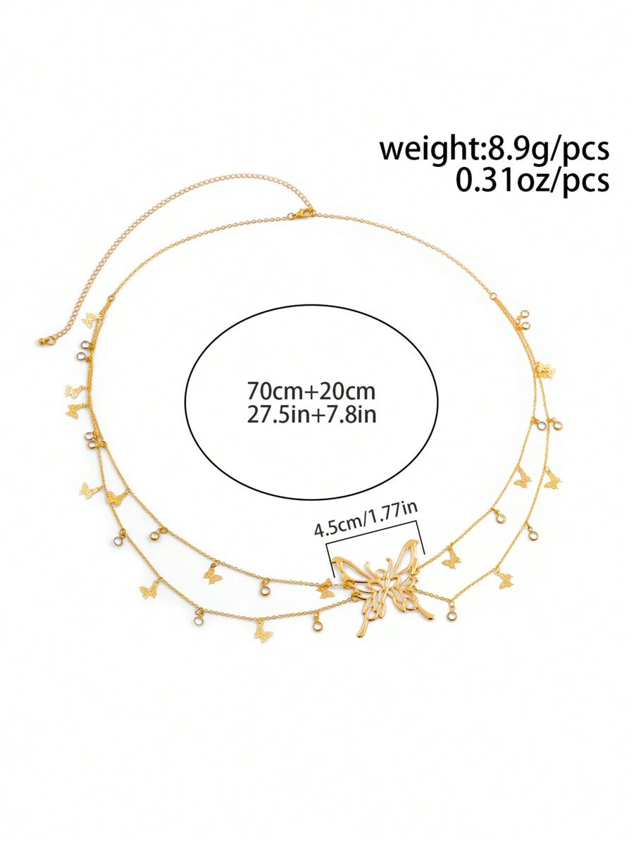 SHEIN سلسلة بطن متعددة الطبقات بتعليقة فراشة كريستال ذهبية