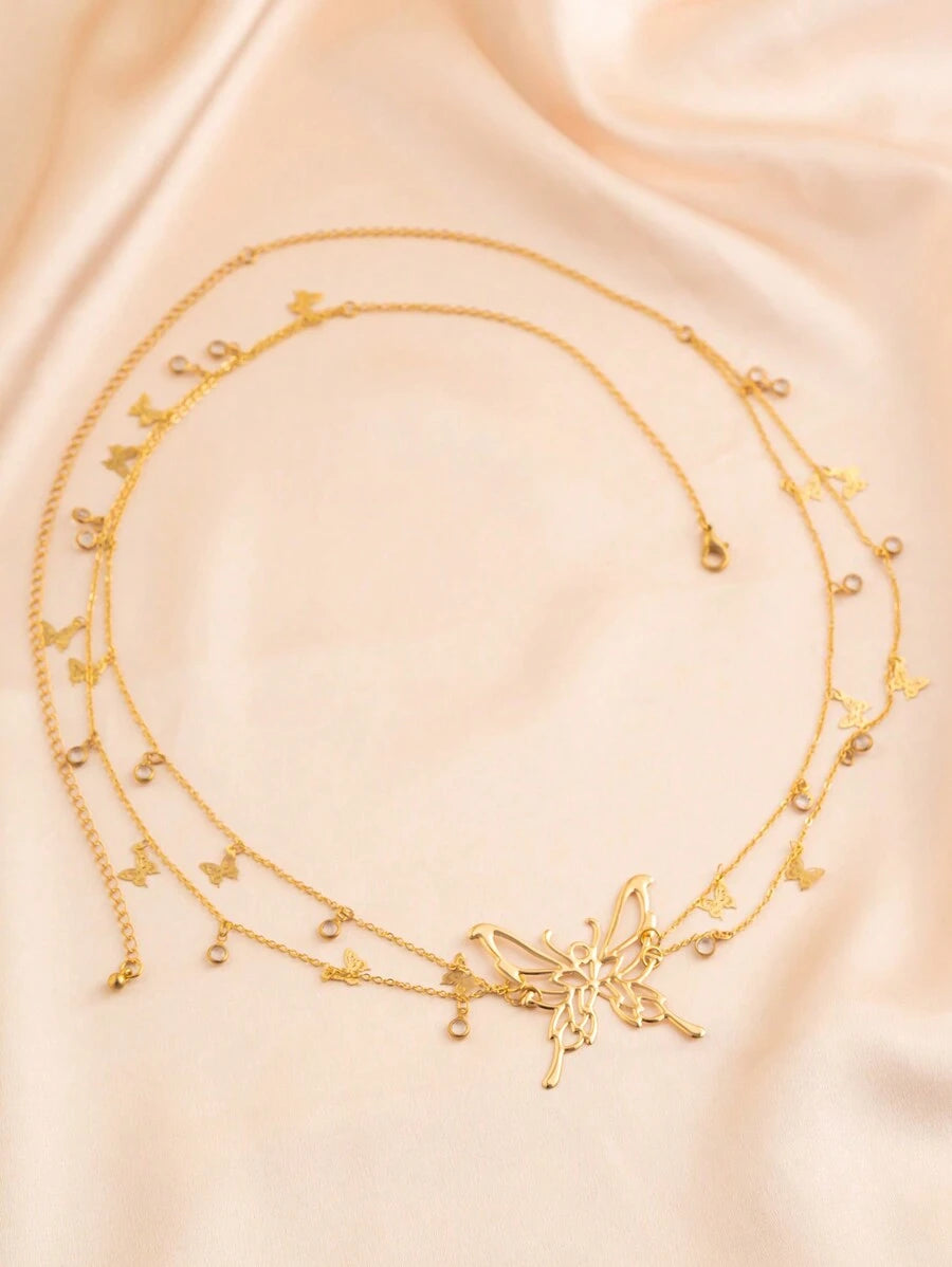 SHEIN سلسلة بطن متعددة الطبقات بتعليقة فراشة كريستال ذهبية