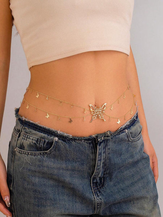 SHEIN سلسلة بطن متعددة الطبقات بتعليقة فراشة كريستال ذهبية