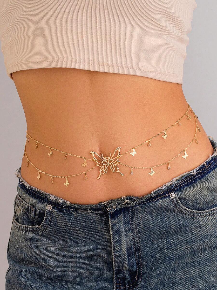 SHEIN سلسلة بطن متعددة الطبقات بتعليقة فراشة كريستال ذهبية