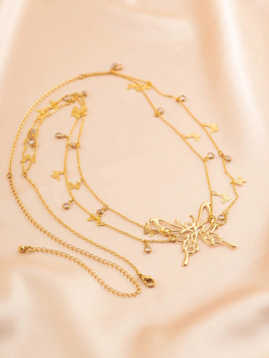 SHEIN سلسلة بطن متعددة الطبقات بتعليقة فراشة كريستال ذهبية