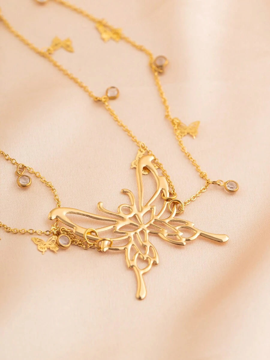 SHEIN سلسلة بطن متعددة الطبقات بتعليقة فراشة كريستال ذهبية