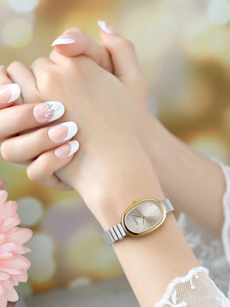 SHEIN ساعة نسائية فضية كوارتز بحزام فولاذ مقاوم للصدأ