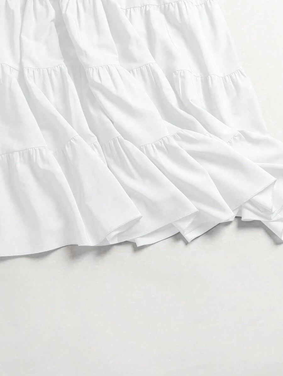 SHEIN EARO تنورة بلون أبيض بخصر عالي وطيات متعددة الطبقات