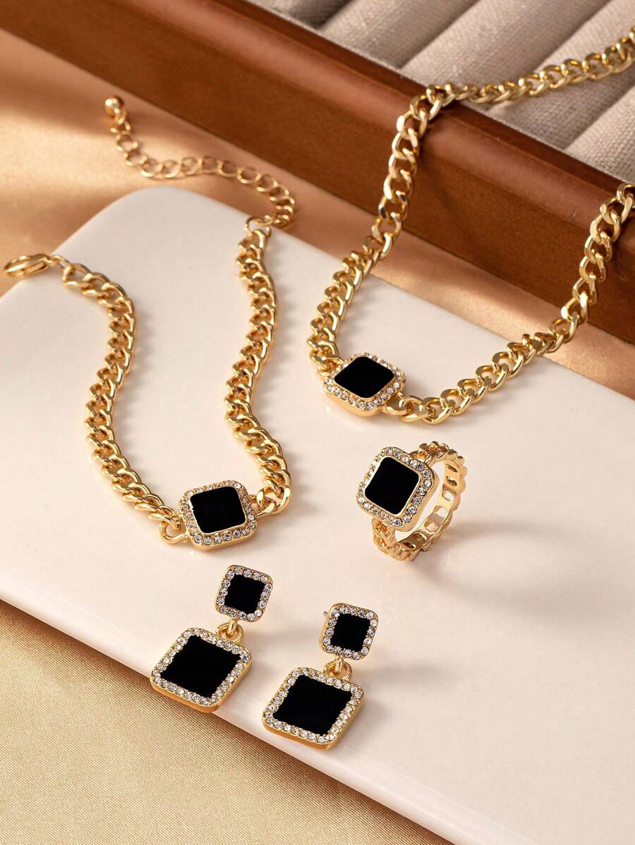SHEIN طقم مجوهرات كامل مربع مزين بالماس