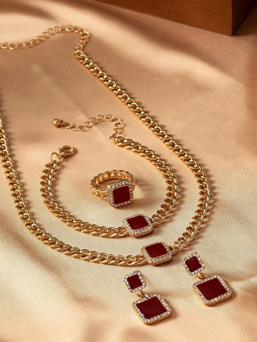 SHEIN طقم مجوهرات كامل مربع مزين بالماس