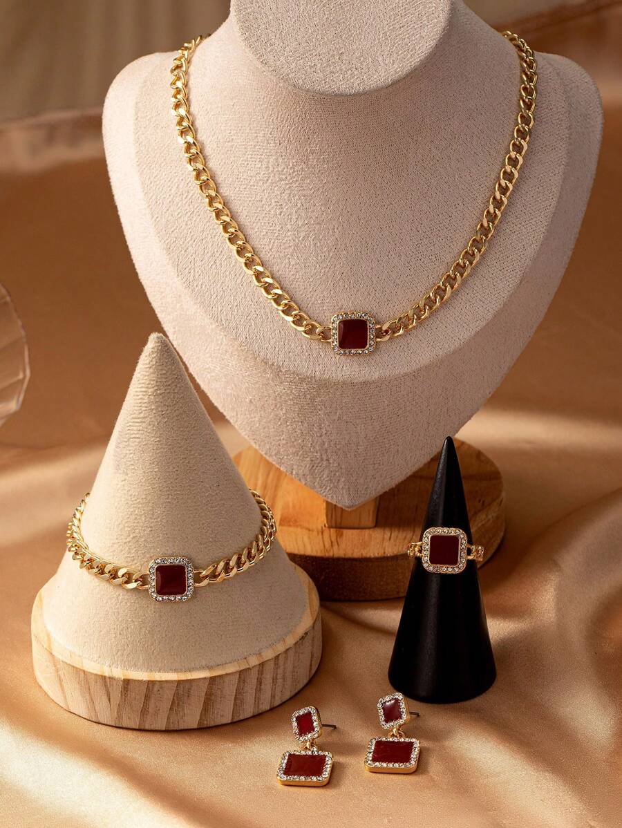 SHEIN طقم مجوهرات كامل مربع مزين بالماس