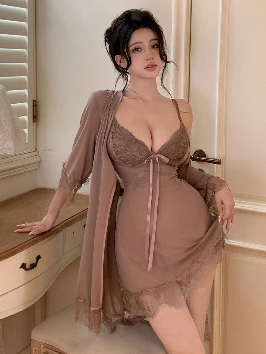 SHEIN DAZY طقم ملابس داخلية وبيجامة من الشبك والدانتيل