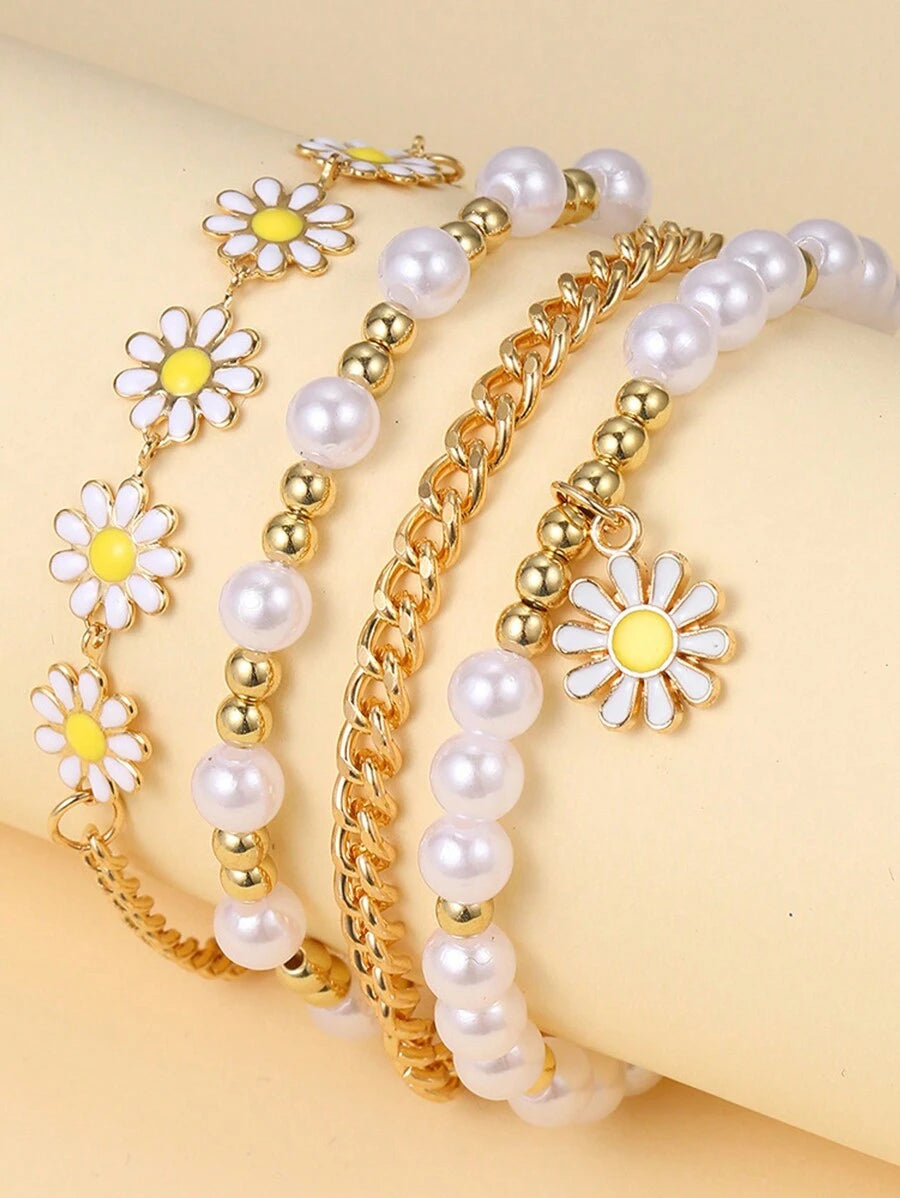 SHEIN طقم أساور 4 قطع زهور وخرز اصطناعي
