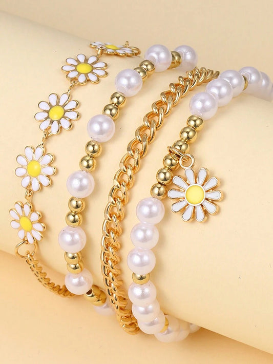 SHEIN طقم أساور 4 قطع زهور وخرز اصطناعي