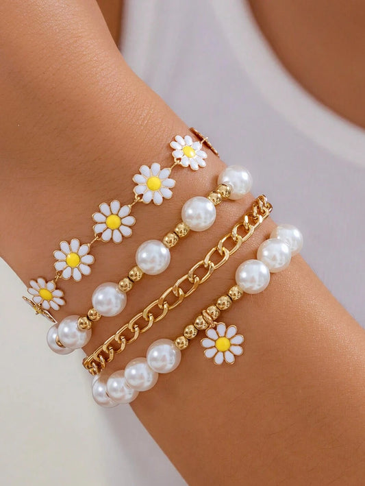 SHEIN طقم أساور 4 قطع زهور وخرز اصطناعي
