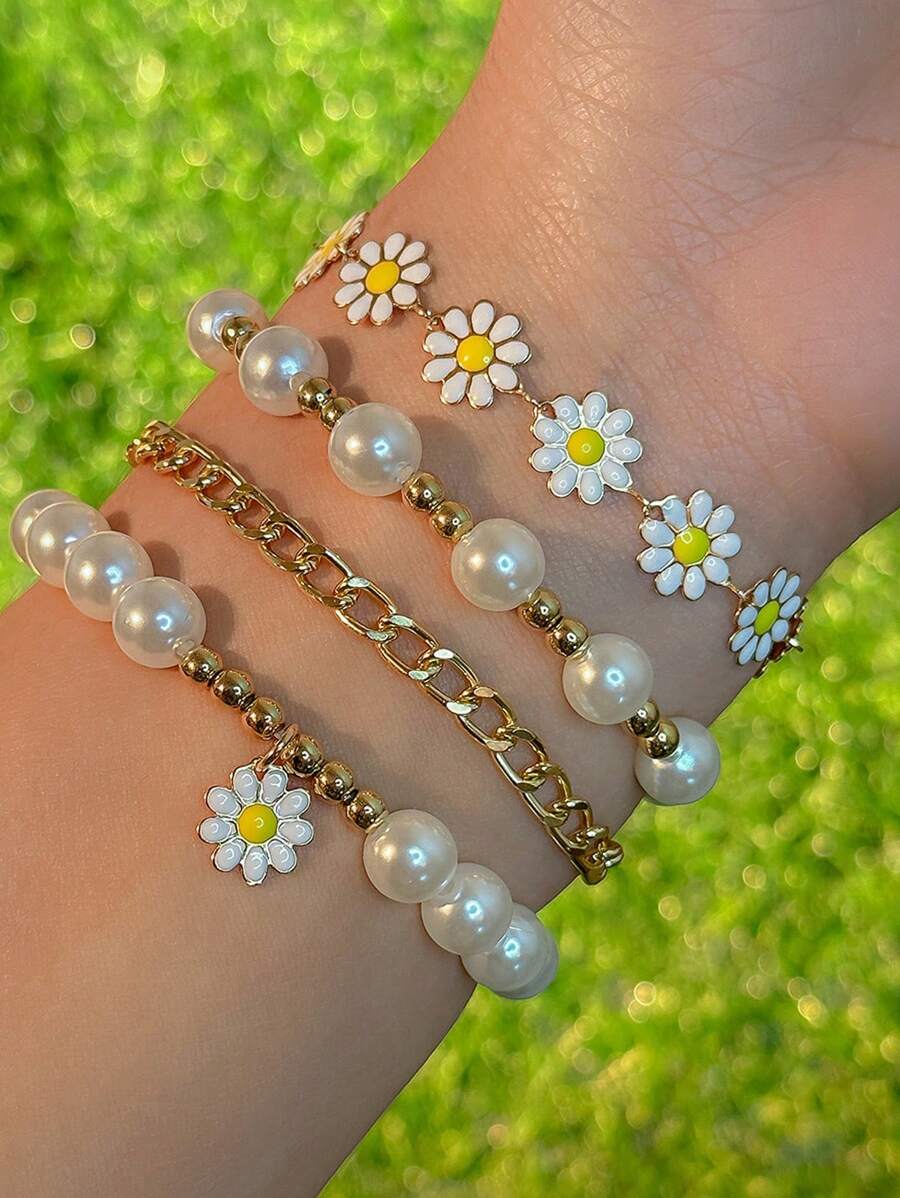 SHEIN طقم أساور 4 قطع زهور وخرز اصطناعي