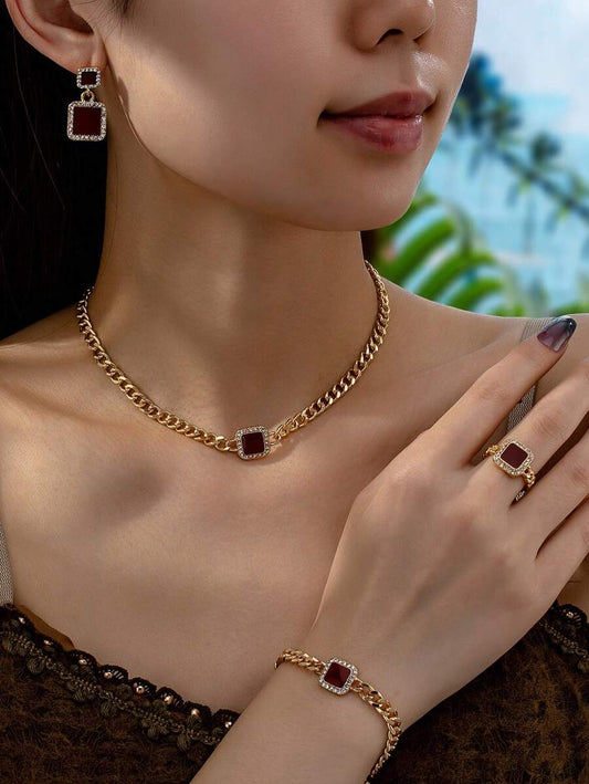 SHEIN طقم مجوهرات كامل مربع مزين بالماس