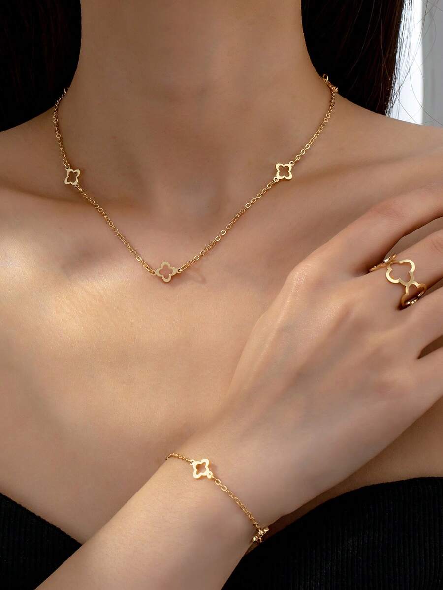 SHEIN طقم مجوهرات معدنية قلادة وسوار وخاتم بتصميم زهور وبرسيم