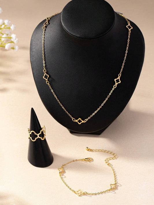 SHEIN طقم مجوهرات معدنية قلادة وسوار وخاتم بتصميم زهور وبرسيم