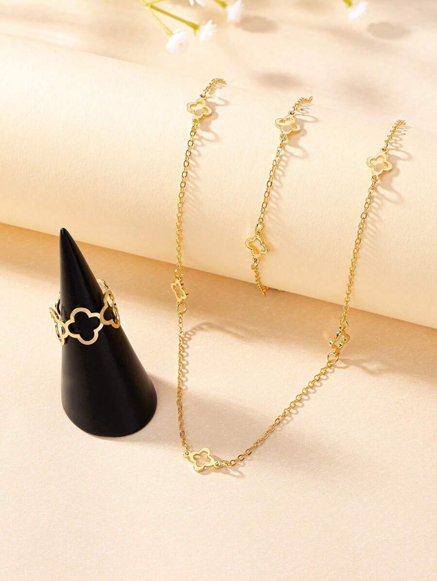 SHEIN طقم مجوهرات معدنية قلادة وسوار وخاتم بتصميم زهور وبرسيم