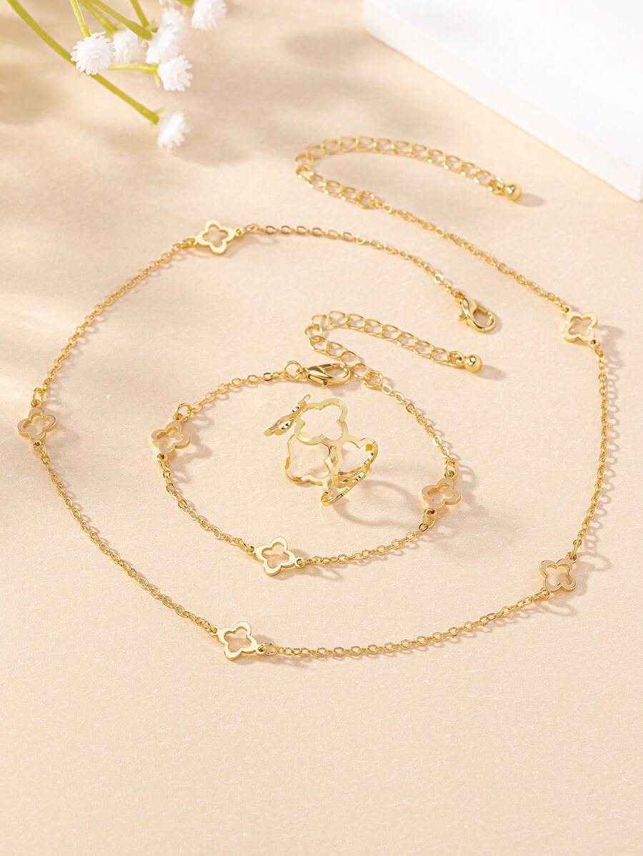 SHEIN طقم مجوهرات معدنية قلادة وسوار وخاتم بتصميم زهور وبرسيم