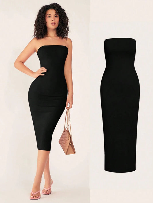 SHEIN BASICS فستان سهرة أسود ضيق  بدون حمالات