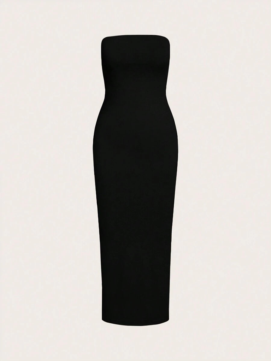 SHEIN BASICS فستان سهرة أسود ضيق بدون حمالات