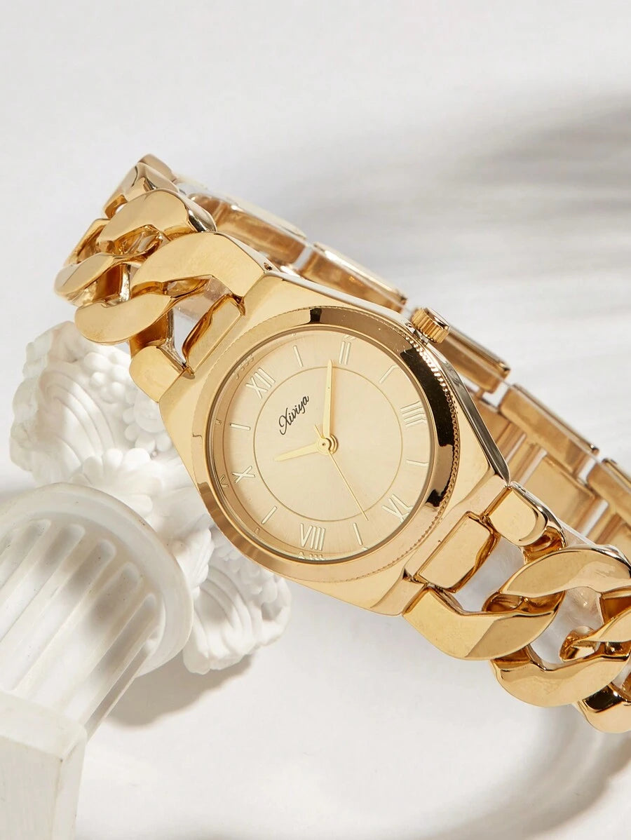 SHEIN XIVIYA ساعة كوارتز نسائية بسوار حلقي ذهبي