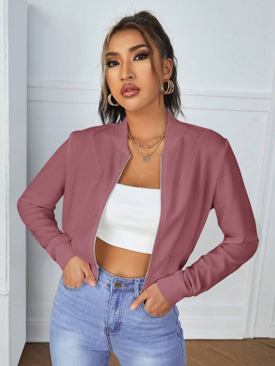 SHEIN Essnce جاكيت نسائي بسحاب وياقة بيسبول وأكمام طويلة