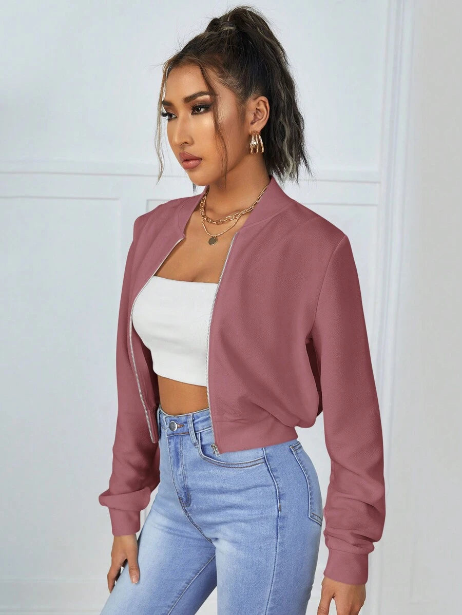 SHEIN Essnce جاكيت نسائي بسحاب وياقة بيسبول وأكمام طويلة