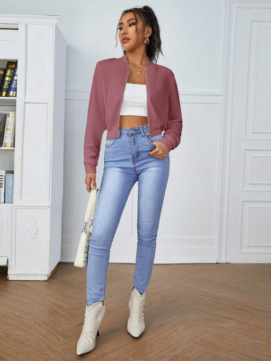 SHEIN Essnce جاكيت نسائي بسحاب وياقة بيسبول وأكمام طويلة