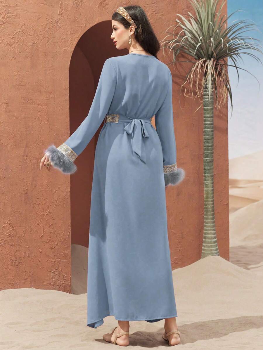 SHEIN Al Najma فستان أزرق طويل بحزام متباين وأكمام منفوشة