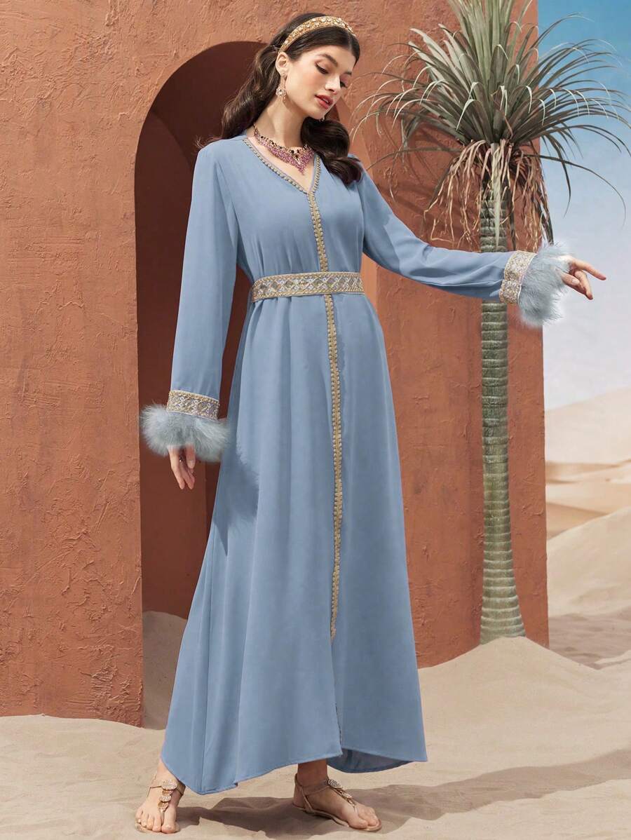 SHEIN Al Najma فستان أزرق طويل بحزام متباين وأكمام منفوشة