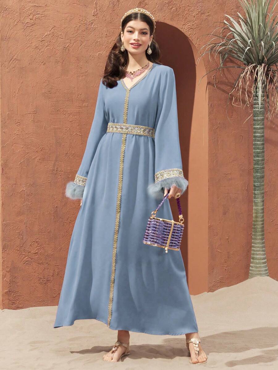 SHEIN Al Najma فستان أزرق طويل بحزام متباين وأكمام منفوشة