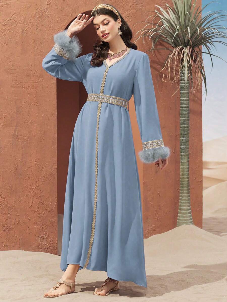SHEIN Al Najma فستان أزرق طويل بحزام متباين وأكمام منفوشة