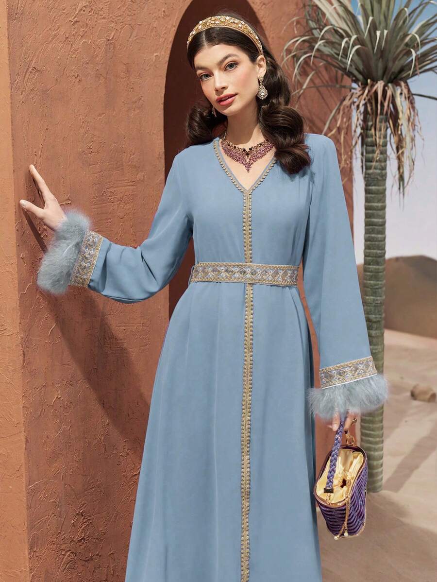 SHEIN Al Najma فستان أزرق طويل بحزام متباين وأكمام منفوشة