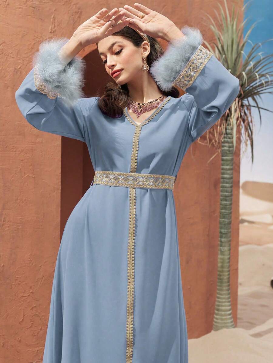 SHEIN Al Najma فستان أزرق طويل بحزام متباين وأكمام منفوشة