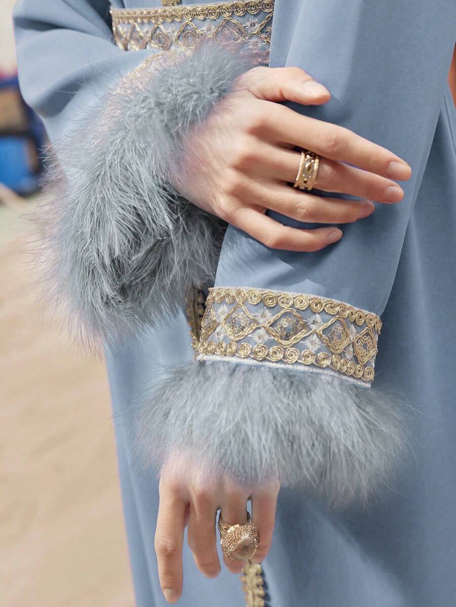 SHEIN Al Najma فستان أزرق طويل بحزام متباين وأكمام منفوشة