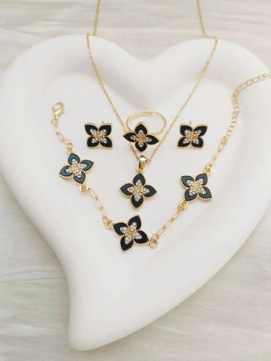 SHEIN مجموعة مجوهرات 5 قطع سبيكة الزنك مع راينستون