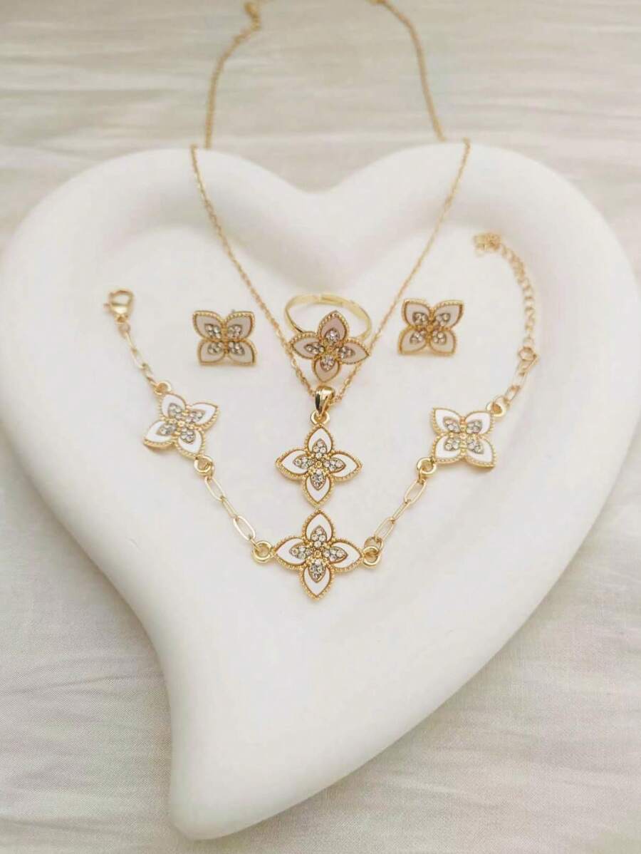 SHEIN مجموعة مجوهرات 5 قطع سبيكة الزنك مع راينستون