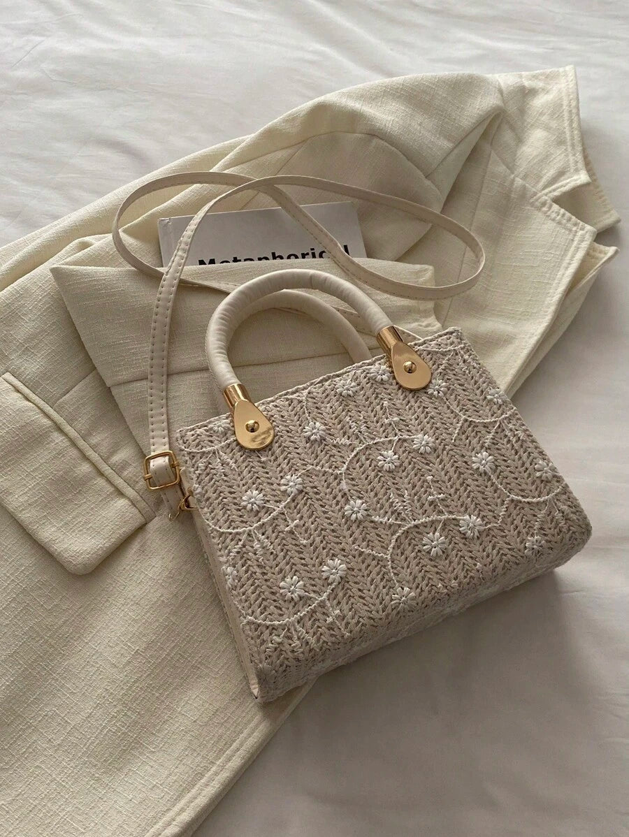 SHEIN حقيبة يد قش منسوجة مطرزة بنمط حجري بسحاب