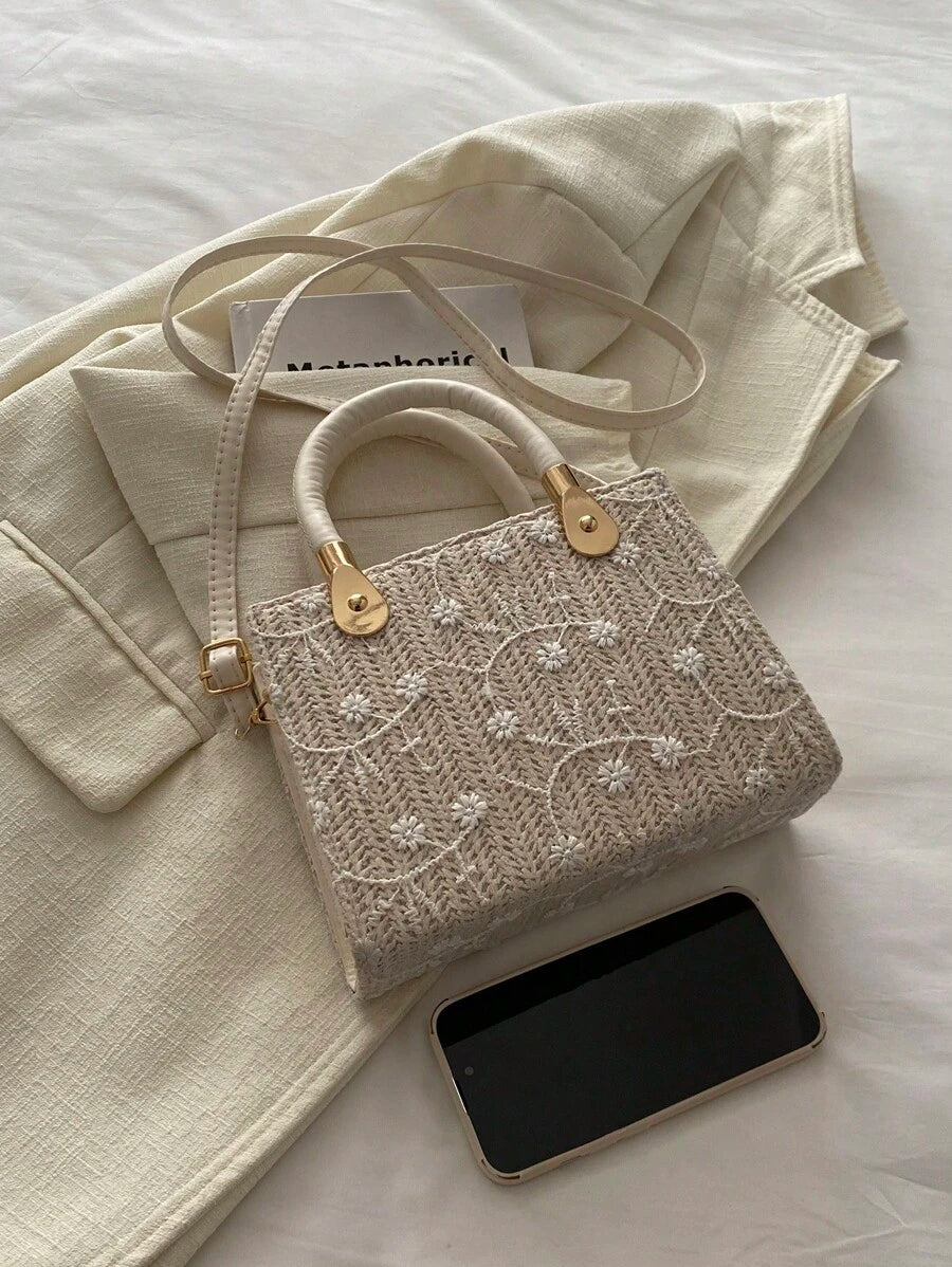 SHEIN حقيبة يد قش منسوجة مطرزة بنمط حجري بسحاب
